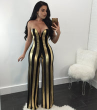 Load image into Gallery viewer, Women Dressy Strapless Jumpsuit Sexy V-Neck High Waist Black Gold Striped Print Wide Leg Pants Romper Party Formal Jumpsuits