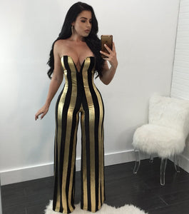 Women Dressy Strapless Jumpsuit Sexy V-Neck High Waist Black Gold Striped Print Wide Leg Pants Romper Party Formal Jumpsuits