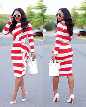 Load image into Gallery viewer, New Striped Print Office Lady Elegant Pencil Dress Women Long Sleeve Draped Sheath Business Work Dress Female Bodycon Midi Dress