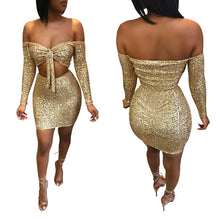 Load image into Gallery viewer, Sequin Sexy 2 Piece Set Women Festival Clothing Off Shoulder Crop Top Two Piece Skirt Set Party Club Outfits Women Matching Sets