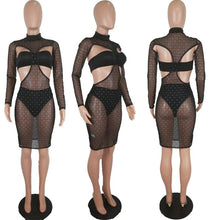 Load image into Gallery viewer, Hollow Out Sexy Party Dress Women Long Sleeve 3 Piece Sheer Mesh Print Mini Dress Autumn Backless Short Bodycon Club Dresses