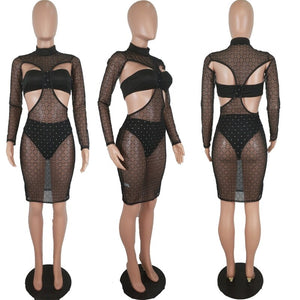 Hollow Out Sexy Party Dress Women Long Sleeve 3 Piece Sheer Mesh Print Mini Dress Autumn Backless Short Bodycon Club Dresses