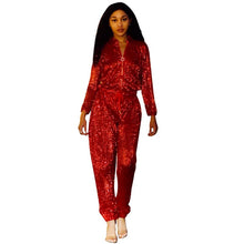 Load image into Gallery viewer, Long Sleeve Sequin Jumpsuit Women Spring Autumn Front Zipper Drawstring Waist Clubwear Long Pants Romper Sparkly Party Jumpsuits