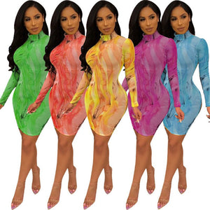 Summer Women Sexy Club Dress Elegant Party Dresses Long Sleeve Mesh See Through Short Mini Bandage Bodycon Dress Vestido