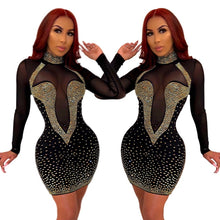 Load image into Gallery viewer, Rhinestone Sexy Long Sleeve Party Dress Elegant Bodycon Club Dress Transparent Mesh Patchwork Mini Short Dress