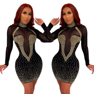 Rhinestone Sexy Long Sleeve Party Dress Elegant Bodycon Club Dress Transparent Mesh Patchwork Mini Short Dress