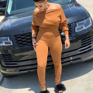 Casual Two Piece Set Tracksuit Women Matching Sets Off Shoulder Crop Top and Pants Set Leisure Sweat Suits Women 2 Piece Outfits