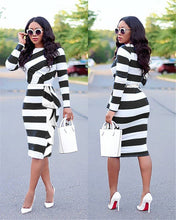 Load image into Gallery viewer, New Striped Print Office Lady Elegant Pencil Dress Women Long Sleeve Draped Sheath Business Work Dress Female Bodycon Midi Dress