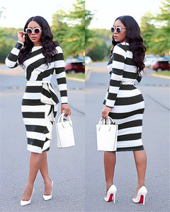 New Striped Print Office Lady Elegant Pencil Dress Women Long Sleeve Draped Sheath Business Work Dress Female Bodycon Midi Dress