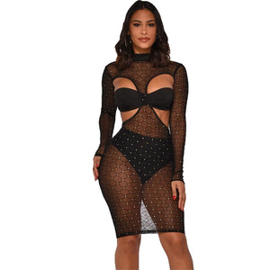 Hollow Out Sexy Party Dress Women Long Sleeve 3 Piece Sheer Mesh Print Mini Dress Autumn Backless Short Bodycon Club Dresses