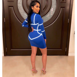 Zipper Front Long Sleeve Sexy Bodycon Dress Women Autumn Winter Reflective Bandage Party Dresses Female Mini Night Club Dress