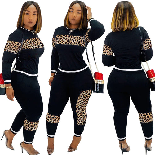 Leopard Camouflage Two Pieces Set Women's Sports Suit Long Sleeve Sweatshirt and Sweatpants Casual Tracksuit Jogging Femme