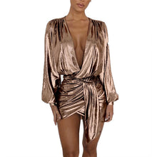 Load image into Gallery viewer, Sexy Silver Long Sleeve Mini Dress New Women Deep V Neck Ruched Night Out Clubwear Metallic Wrap Dress Asymmetrical Club Dresses