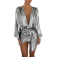 Load image into Gallery viewer, Sexy Silver Long Sleeve Mini Dress New Women Deep V Neck Ruched Night Out Clubwear Metallic Wrap Dress Asymmetrical Club Dresses