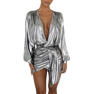 Sexy Silver Long Sleeve Mini Dress New Women Deep V Neck Ruched Night Out Clubwear Metallic Wrap Dress Asymmetrical Club Dresses