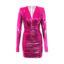 Load image into Gallery viewer, Metallic Shiny Sparkly Sexy Bodycon Dress Women V Neck Ruched Stretchy PU Faux Leather Dress Christmas Night Party Club Dresses