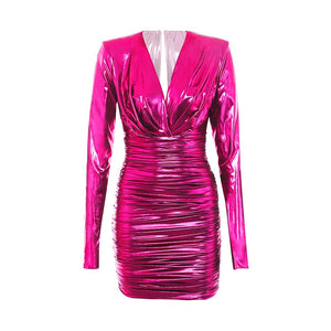 Metallic Shiny Sparkly Sexy Bodycon Dress Women V Neck Ruched Stretchy PU Faux Leather Dress Christmas Night Party Club Dresses