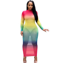 Load image into Gallery viewer, Rainbow Tie Dye Sheer Mesh Bodycon Maxi Dress Women Fall Long Sleeve See Through Bandage Dress Sexy Night Club Party Long Dress