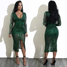 Load image into Gallery viewer, Sexy Sheer Glitter Sequin Party Dresses Women Long Sleeve Plunge V Neck Front Split See Through Sparkly Bodycon Dress Clubwear