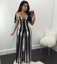 Load image into Gallery viewer, Women Dressy Strapless Jumpsuit Sexy V-Neck High Waist Black Gold Striped Print Wide Leg Pants Romper Party Formal Jumpsuits