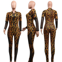 Load image into Gallery viewer, Leopard Bodycon Sexy Jumpsuits Mesh Patchwork Tights Zip Long Sleeve Party Romper Fall Autumn Jumpsuit Overalls