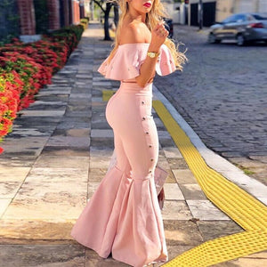 Women Ruffle Sexy Two Piece Set Top and Pants Off Shoulder Crop Top Elegant Pink 2 Piece Matching Set Outfits Flare Pants Set