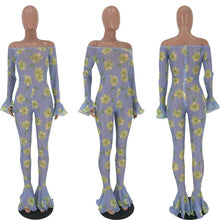 Load image into Gallery viewer, Women Sexy Mesh Jumpsuits Rompers Overalls Long Sleeve Flare Floral Print Off Shoulder Jumpsuit Clubwear Party Bodycon Jumpsuit