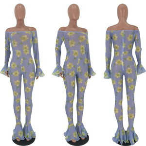 Women Sexy Mesh Jumpsuits Rompers Overalls Long Sleeve Flare Floral Print Off Shoulder Jumpsuit Clubwear Party Bodycon Jumpsuit