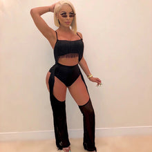 Load image into Gallery viewer, Women 2 Piece Sexy Club Outfits Set Festival Clothing Crop Top Hollow out Mesh Pants Set Party Tassel Two Piece Matching Sets