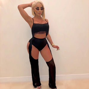 Women 2 Piece Sexy Club Outfits Set Festival Clothing Crop Top Hollow out Mesh Pants Set Party Tassel Two Piece Matching Sets