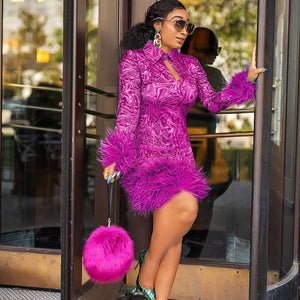 Plus Size Feather Celebrity Evening Party Dress Women Turn-down Collar Long Sleeve Print Knee-length Night Club Christmas Dress