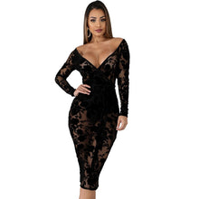 Load image into Gallery viewer, Elegant Black Lace Dress Women Sexy Midi Bodycon Party Dress Long Sleeve V Neck Split See Through Sheer Mesh Bodycon Club Dress