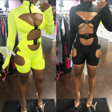 Load image into Gallery viewer, Womens Sexy Playsuit Summer Short Jumpsuit Romper Bodysuit Long Sleeve Neon Gothic Casual Hollow Out Bodycon Romper Jumpsuit