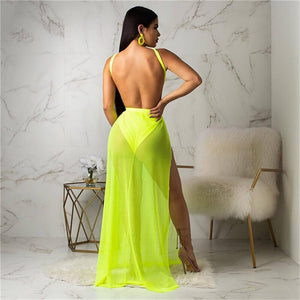 Women Summer Boho Long Maxi Dress Ladies Evening Party Beach Dresses Sexy Convertible High Split Sheer Mesh Backless Long Dress