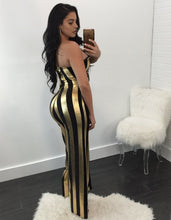 Load image into Gallery viewer, Women Dressy Strapless Jumpsuit Sexy V-Neck High Waist Black Gold Striped Print Wide Leg Pants Romper Party Formal Jumpsuits