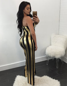 Women Dressy Strapless Jumpsuit Sexy V-Neck High Waist Black Gold Striped Print Wide Leg Pants Romper Party Formal Jumpsuits