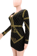 Load image into Gallery viewer, Sexy Elegant Gold Glitter Dress Women Clothes Winter Long Sleeve V Neck Geometric Printed Bodycon Birthday Party Club Dress