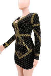 Sexy Elegant Gold Glitter Dress Women Clothes Winter Long Sleeve V Neck Geometric Printed Bodycon Birthday Party Club Dress