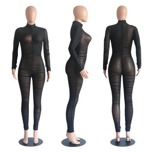 New Long Sleeve Black Sexy Bodycon Jumpsuit for Women Mesh See Through Skinny Rompers Female Draped Going Out Club Overalls