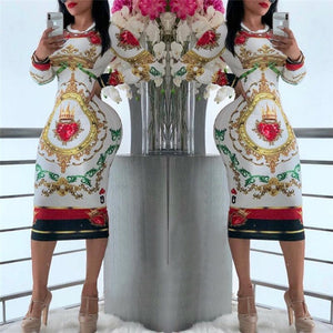 Poker Print Sexy Bodycon Midi Dress Women O-neck Long Sleeve Knee-length Sheath Casual Nightclub Bandage Party Dresses Vestidos