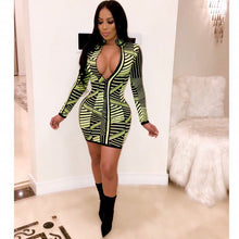 Load image into Gallery viewer, Women Green Striped Print Sexy Bodycon Dress Spring Autumn Zipper V-neck Long Sleeve Casual Mini Club Dresses Female Vestidos