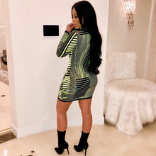 Load image into Gallery viewer, Women Green Striped Print Sexy Bodycon Dress Spring Autumn Zipper V-neck Long Sleeve Casual Mini Club Dresses Female Vestidos