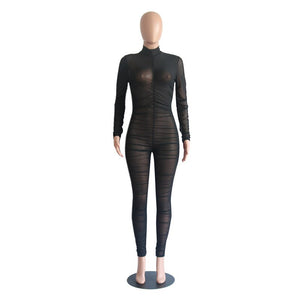 New Long Sleeve Black Sexy Bodycon Jumpsuit for Women Mesh See Through Skinny Rompers Female Draped Going Out Club Overalls