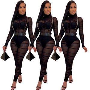 New Long Sleeve Black Sexy Bodycon Jumpsuit for Women Mesh See Through Skinny Rompers Female Draped Going Out Club Overalls