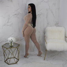 Load image into Gallery viewer, Sexy Black Sheer Jumpsuit Mesh Romper Women Long Sleeve See Through Pearl Beading Nightclub Party Bodycon Jumpsuits Overalls XL