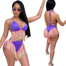 Load image into Gallery viewer, Sexy 2 Piece Set Women Halter Tassel Hem Crop Tops Bikini and Shorts Set Boho Beachwear Two Piece Set