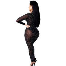 Load image into Gallery viewer, Long Sleeve Rhinestone Sexy Bodycon Jumpsuit Women Hollow Out Lace Up Long Pants Romper Party Club Sheer Mesh Jumpsuits Catsuit