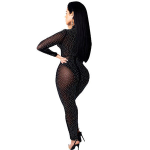 Long Sleeve Rhinestone Sexy Bodycon Jumpsuit Women Hollow Out Lace Up Long Pants Romper Party Club Sheer Mesh Jumpsuits Catsuit