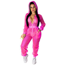 Load image into Gallery viewer, Sexy Sheer Mesh Jumpsuit Women Long Sleeve Zipper Overalls Pant Streetwear Hoodie Loose Casual Rompers Womens Jumpsuit Tracksuit