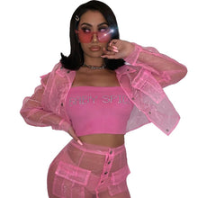 Load image into Gallery viewer, Sexy Two Piece Skirt Set Women Festival Clothing Sheer Mesh Crop Top and High Waist Skirts Set Autumn Women Matching Sets Outfit